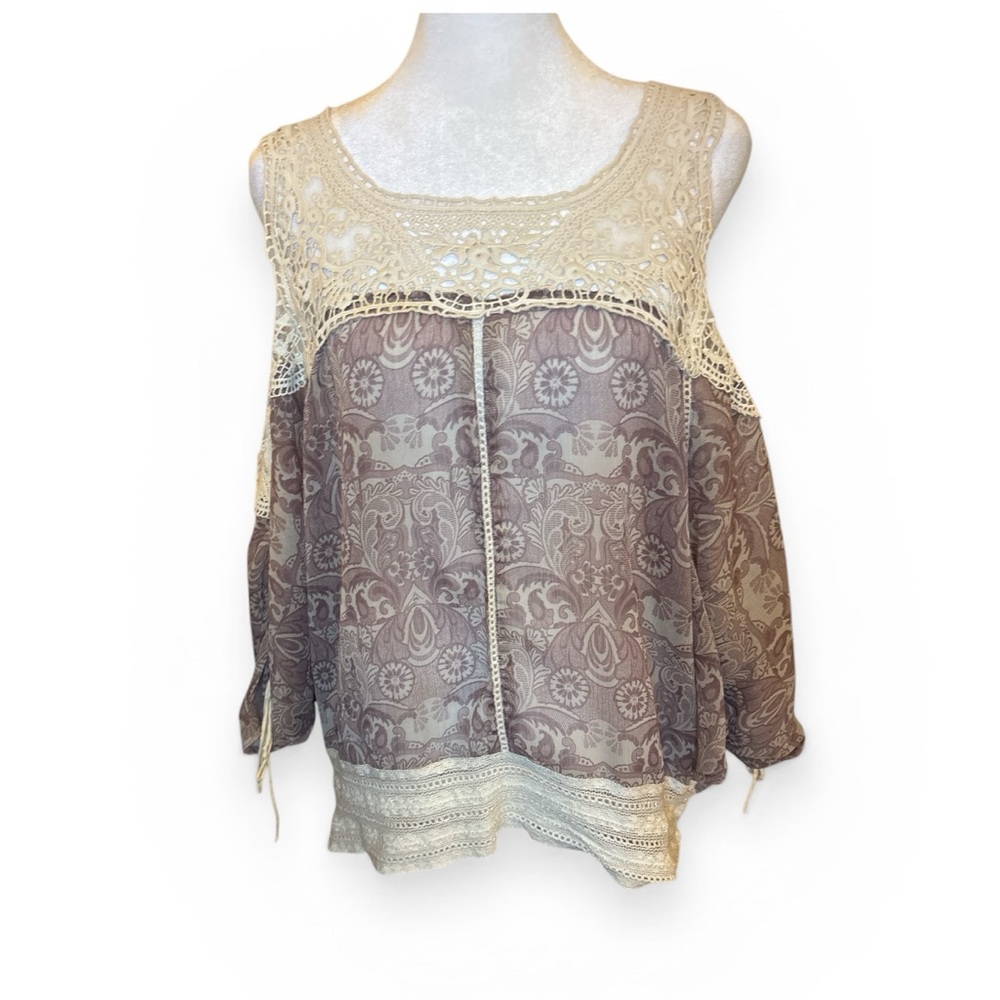 Guess Taupe and Cream Crochet-Trim cold shoulder top